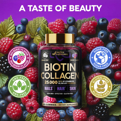 Biotin Gummies with Collagen - Hair Growth Support Skin, & Nail Strength - for Women & Men - Biotin 10000mcg | Keratin | Hyaluronic Acid | B-Complex | Saw Palmetto NUTRAHARMONY