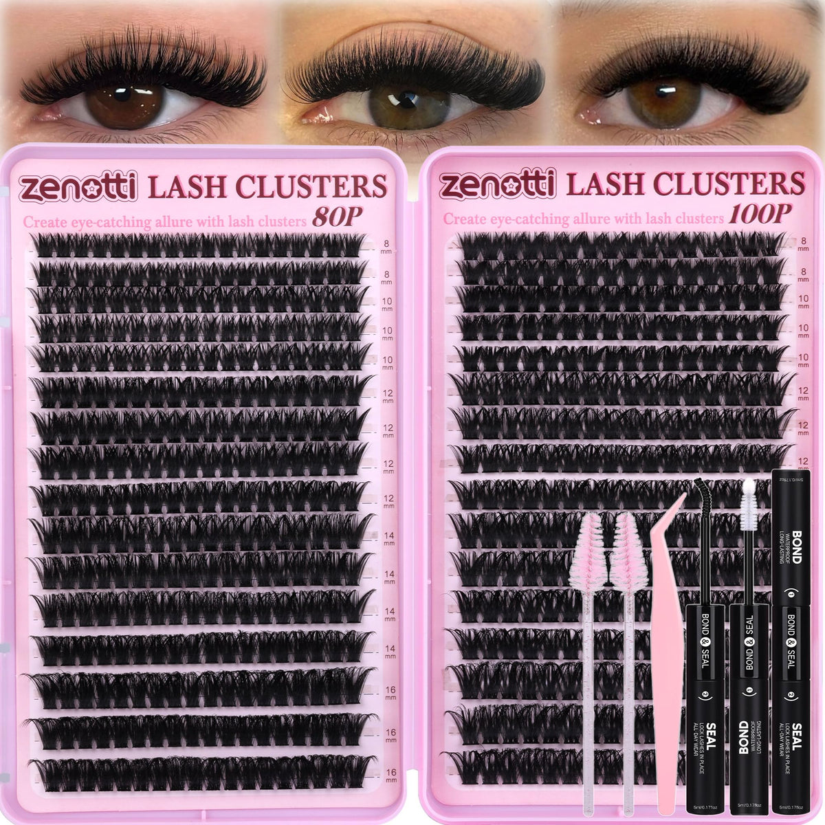 Lash Clusters Kit Fluffy 80D 100D Eyelash Clusters Kit 544PCS Wispy Cluster Eyelash Extensions D Curly Individual Lashes 8-16mm Soft Band DIY at Home with Lash Bond&Seal Tweezers Brush by zenotti zenotti