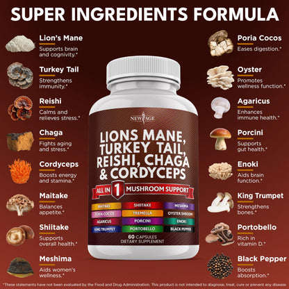 NEW AGE Lions Mane Mushroom Supplement with Turkey Tail Reishi Cordyceps Chaga with Marshmallow Root - 120 Count NEW AGE