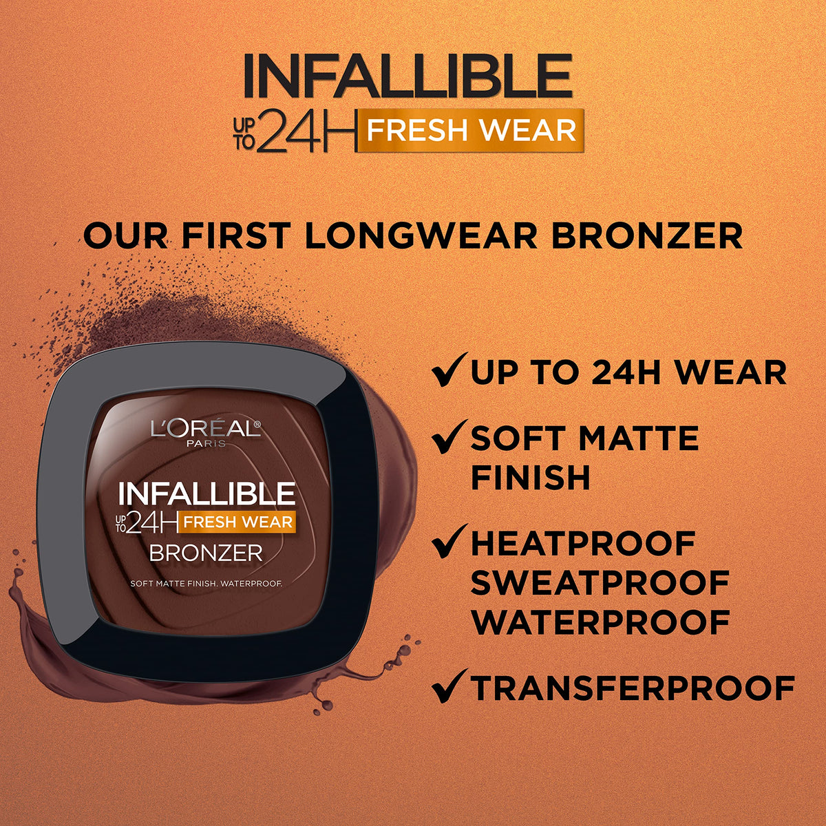 L'Oreal Paris Infallible Up to 24H Fresh Wear Soft Matte Longwear Bronzer. Waterproof, heatproof, transfer, humidity and sweatproof, Fair, 0.31 oz L'Oreal Paris
