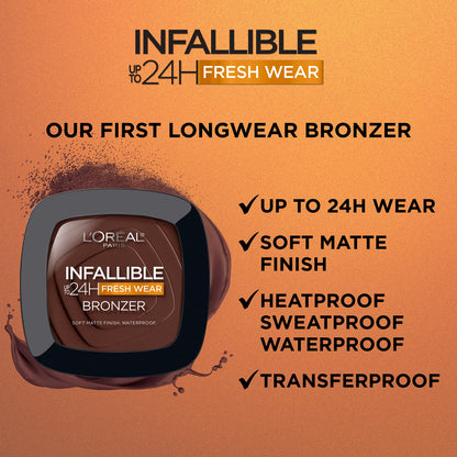 L'Oreal Paris Infallible Up to 24H Fresh Wear Soft Matte Longwear Bronzer. Waterproof, heatproof, transfer, humidity and sweatproof, Fair, 0.31 oz L'Oreal Paris