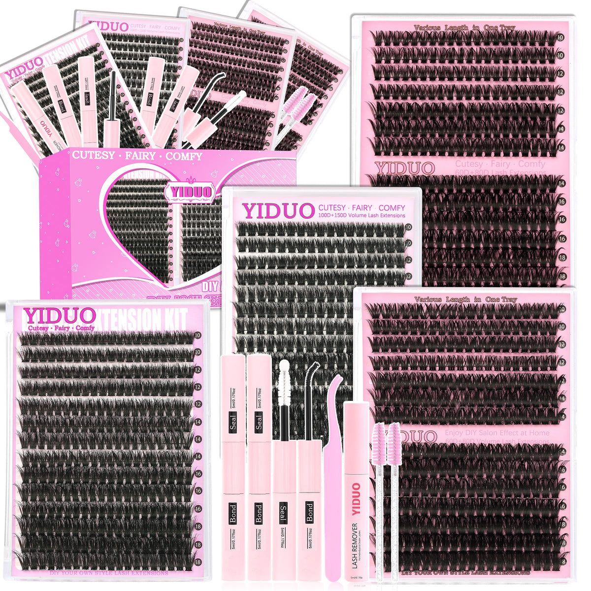 YIDUO 4 Styles Lash Clusters Kit 60D+80D+100D+150D Volume Clusters Lashes Extensions Kit with 2 X Bond and Seal 10-18mm Wispy D Curvature Full Individual Eyelash Extensions Kit DIY at Home Easily YIDUO