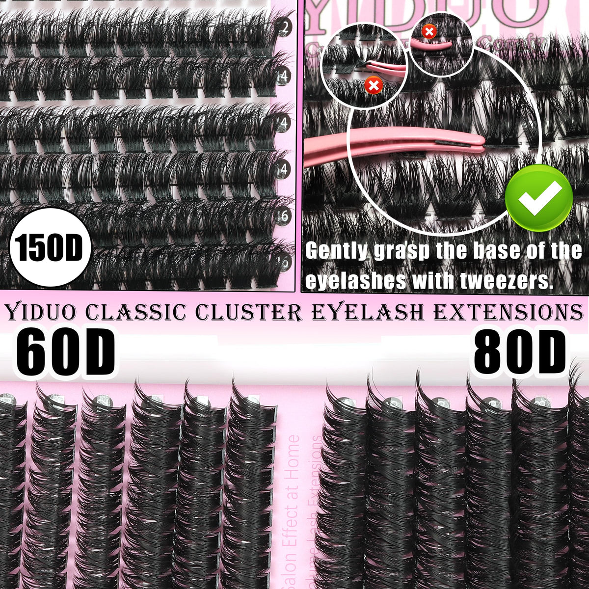 YIDUO 4 Styles Lash Clusters Kit 60D+80D+100D+150D Volume Clusters Lashes Extensions Kit with 2 X Bond and Seal 10-18mm Wispy D Curvature Full Individual Eyelash Extensions Kit DIY at Home Easily YIDUO