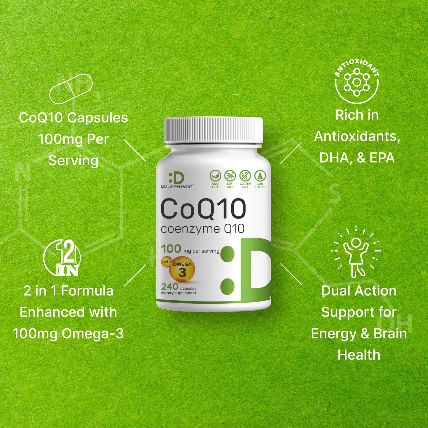 DEAL SUPPLEMENT CoQ10 100mg with Omega 3 100mg, 240 Capsules | Bioavailable Coenzyme Q10 Formula | Non-GMO DEAL SUPPLEMENT