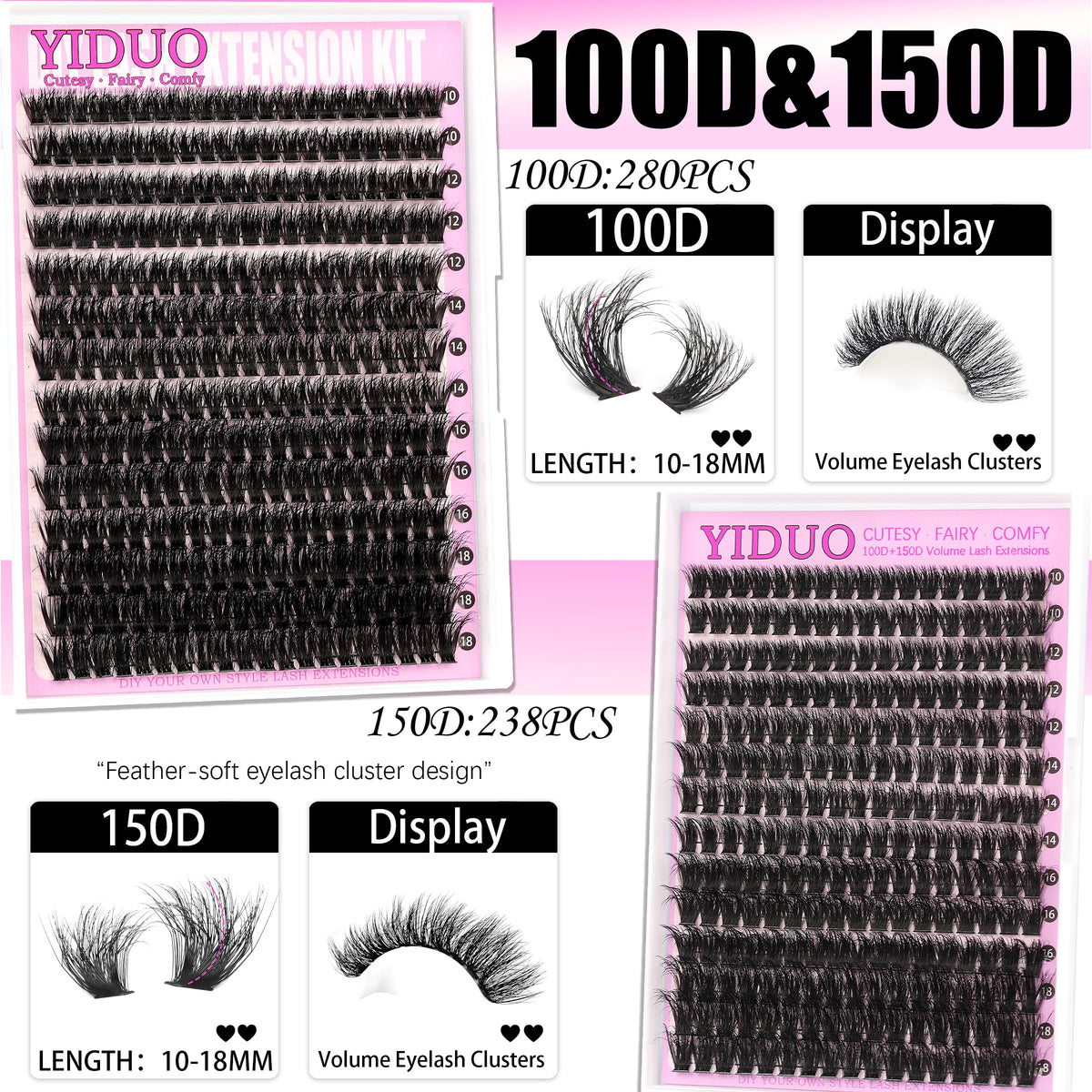 YIDUO 4 Styles Lash Clusters Kit 60D+80D+100D+150D Volume Clusters Lashes Extensions Kit with 2 X Bond and Seal 10-18mm Wispy D Curvature Full Individual Eyelash Extensions Kit DIY at Home Easily YIDUO