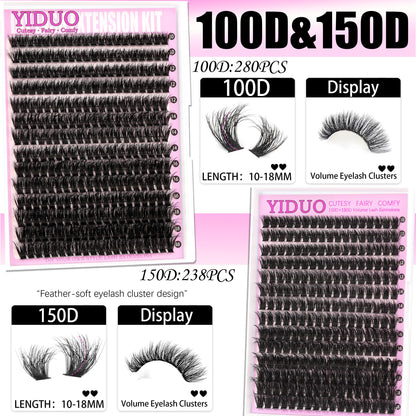 YIDUO 4 Styles Lash Clusters Kit 60D+80D+100D+150D Volume Clusters Lashes Extensions Kit with 2 X Bond and Seal 10-18mm Wispy D Curvature Full Individual Eyelash Extensions Kit DIY at Home Easily YIDUO