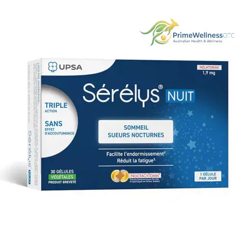 Serelys Nuit 30 capsules: Sleep disorders and night sweats linked to menopause UPSA buy australia supplements